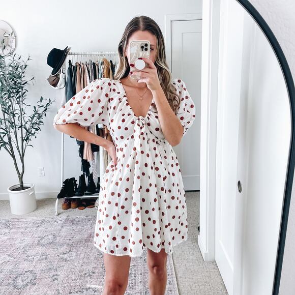 Abercrombie White Brown Polka Dot Puff Sleeve Mini Dress - Picture 12 of 13